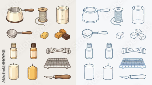 Illustration showcasing a comprehensive collection of candle making supplies and tools, presented in two distinct color palettes.
