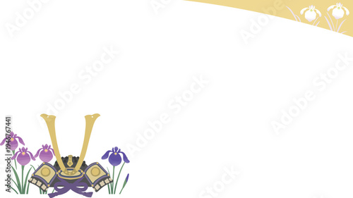 端午の節句の兜と菖蒲のフレーム 横長ベクター枠素材 こどもの日（16:9・背景透過）