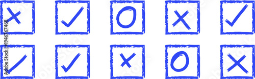 Checkmark and cross symbols in blue boxes for approval and rejection concepts