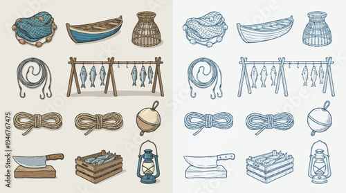 Collection of vintage fishing equipment and supplies, including nets, boats, ropes, lanterns, and processed fish.
