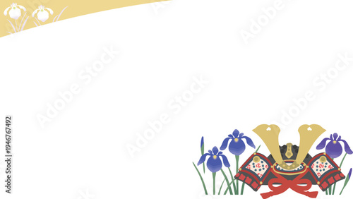 端午の節句の兜と菖蒲のフレーム 横長ベクター枠素材 こどもの日（16:9・背景透過）