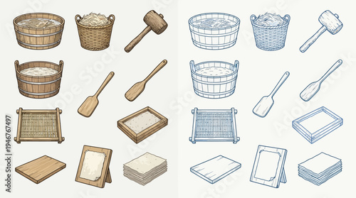 Collection of traditional Japanese papermaking tools and materials, presented in both colored and line-art versions.