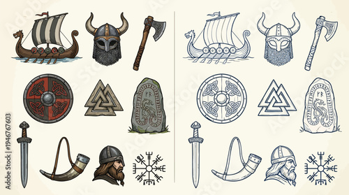 Collection of Viking-themed illustrations featuring longships, helmets, axes, shields, and runestones.