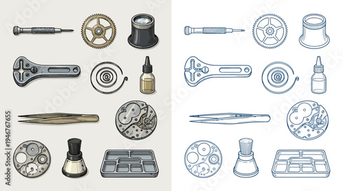 Collection of watchmaking tools and components, including screwdrivers, tweezers, gears, and a loupe, presented in two color variations.