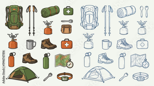 A collection of colorful and line-art illustrations of camping and hiking gear, including backpacks, tents, boots, and cooking equipment.