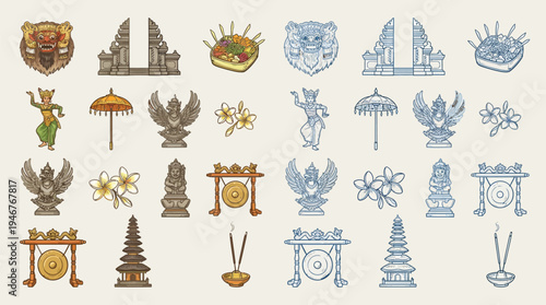 Collection of Balinese cultural symbols and elements, including temples, dancers, mythical creatures, and offerings, presented in a stylized illustration.