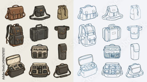 Collection of various bags, including camera bags, messenger bags, and backpacks, presented in both color and line art styles.
