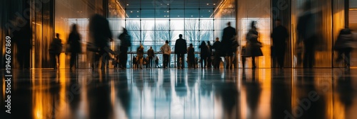 Crowd of blurred people figures moving through high-tech corporate lobby background, evening tones with reflections, futuristic architecture and dynamic framing