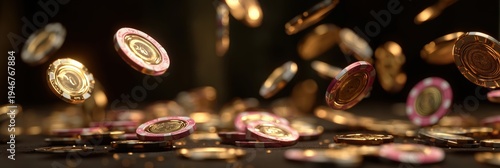 Casino chips falling on dark background, depicting gambling and chance