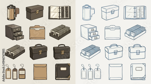 A collection of vintage office supplies and stationery items, presented in both colored and line-art styles.
