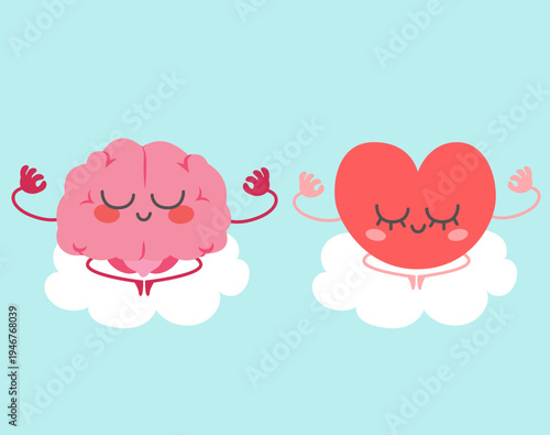 Cute happy heart character sitting on a soft cloud representing calmness, emotional balance and mindfulness. Concept for mental health application sand therapy related communication materials