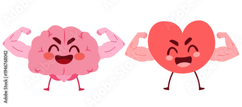 Cartoon vector illustration of brain and heart mascots clenching arms showing strength representing healthy lifestyle and body mind wellbeing