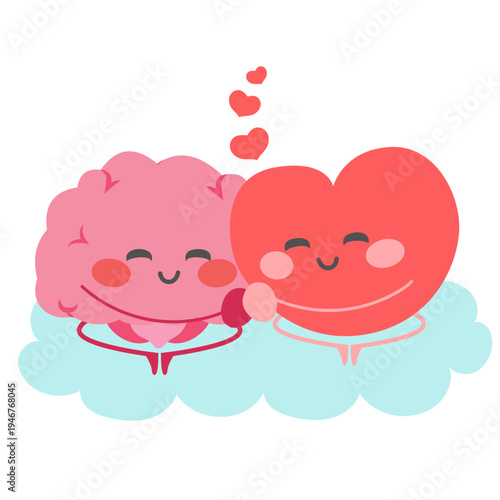 Cartoon vector illustration of a heart and brain mascot hugging on a cloud sky background symbolizing love, emotional harmony and connection between feelings and logic