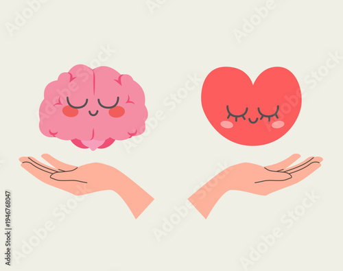 Cartoon vector illustration of two female hands holding a brain and a heart symbolizing balance between logic and emotions, mental wellbeing and emotional health