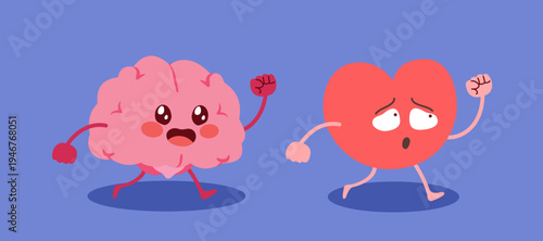 Cartoon vector illustration of a heart mascot running while a brain mascot chases it representing emotions leading decisions