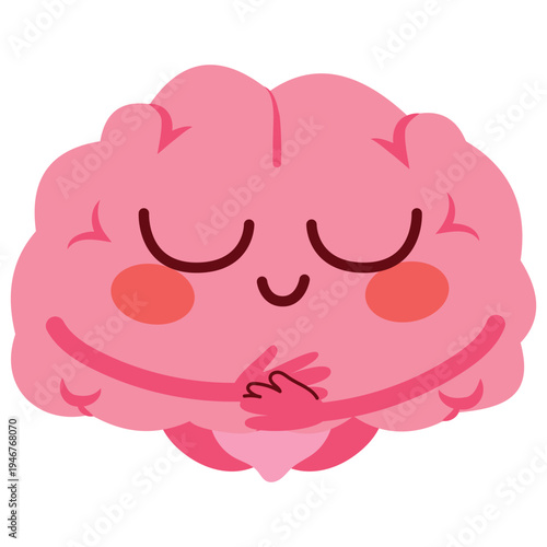 Cartoon vector illustration of a calm brain mascot hugging itself representing self confidence, mental wellbeing and self care