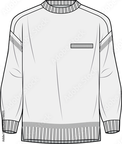 mens long sleeve sweatshirt with chest pocket and rib hem fashion flat sketch vector illustration cad drawing template