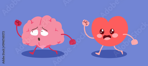 Cartoon vector illustration showing a brain mascot running ahead while a heart mascot chases it symbolizing logical thinking over emotions