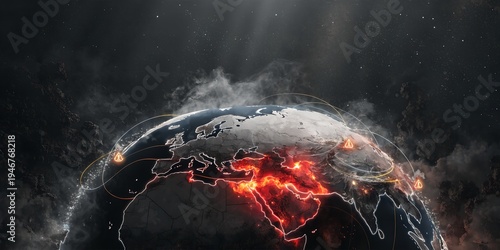 Stylized earth globe showing global conflict zones with glowing red heat over middle east and eastern europe regions in outer space