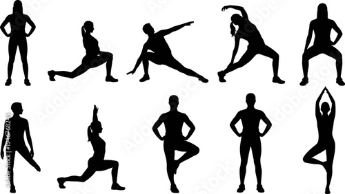 fitness workout silhouettes men women stretching exercise yoga training poses isolated black figures sport activity flat vector illustration set