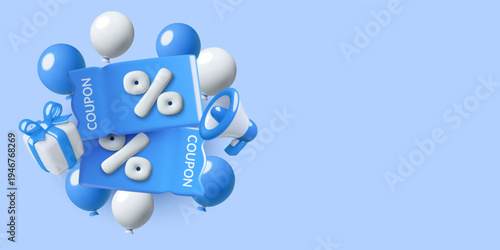 3d Sale coupons blue background with holiday balloons, gift box and megaphone. Shopping and retail vector illustration.