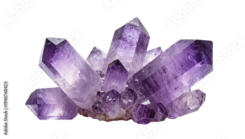 Obraz na płótnie Isolated beautiful cluster of purple amethyst crystals, natural transparent gemstone mineral