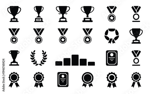 Award Trophy Cup Icon, winner medal silhouette symbols, championship victory badge design, achievement reward emblem, competition success sign, black and white vector illustration.