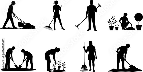 gardening, gardeners, landscaping, people, tools, lawn, rake, shovel, planting, plants, yard, work, nature, maintenance, outdoor, silhouette, agriculture, landscaping, illustration, environment