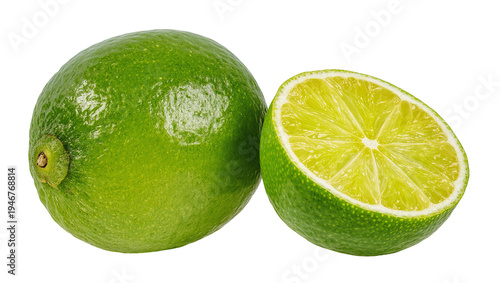 Isolated fresh green whole lime and juicy half lime citrus fruit ready for cooking.