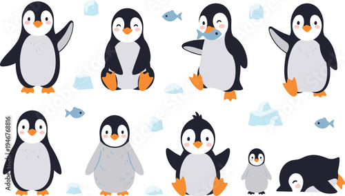 Cute Penguin Character Illustration Set Featuring Baby and Adult Penguins Standing, Walking, Waving, and Eating Fish in Arctic Ice Environment.