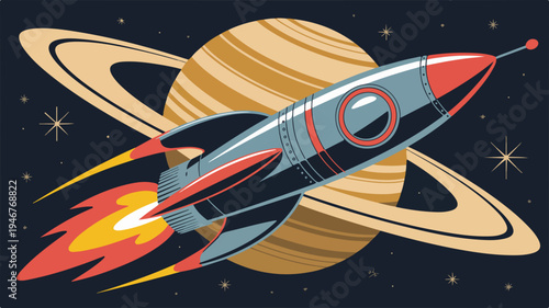 A bold vector illustration of a classic rocket ship soaring through space with a planet and stars in the background vibrant colors and dynamic flames