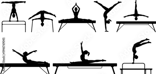 gymnastics, gymnast, silhouettes, balance, sport, athlete, flexibility, training, acrobatics, fitness, strength, performance, exercise, competition, gymnastic, routine, balance, beam, vector, set