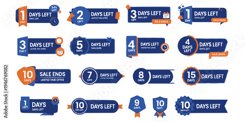 Number 1, 2, 3, 4, 5, 6, 7, 8, 9, 10, of days left to go. Promotional banners. Collection badges sale, landing page, banner. 
