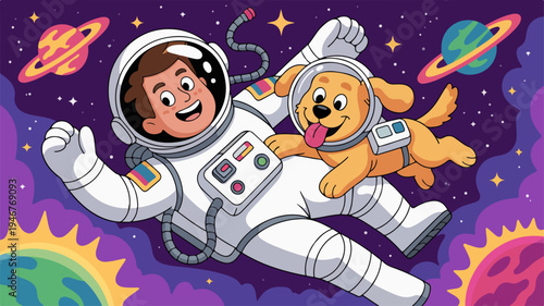 Astronaut and dog in space with planets and stars vibrant cartoon vector illustration