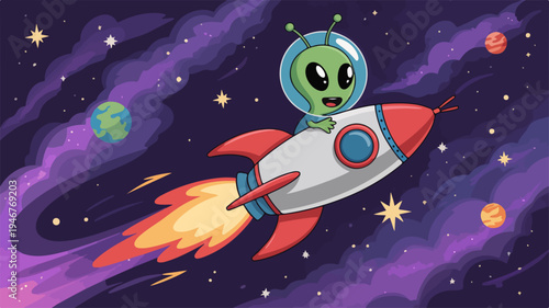 A playful green alien astronaut flying a white and red rocket ship through a starry purple galaxy with orange flames