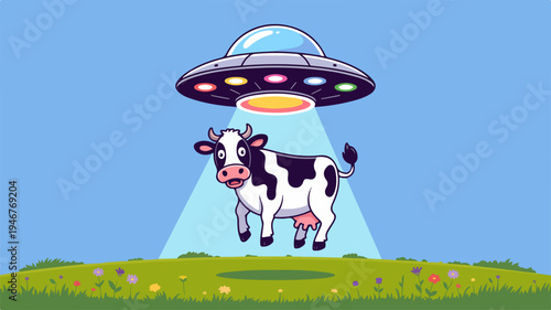 Whimsical vector illustration of a smiling cow being abducted by a ufo in a green field with blue sky
