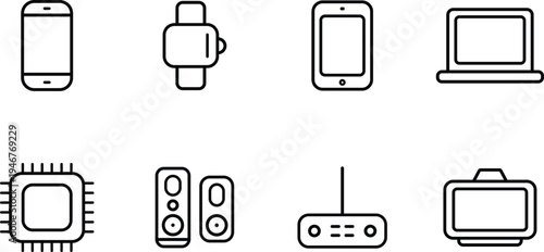 A collection of modern technology icons including a smartphone smartwatch laptop computer chip speakers router and monitor isolated on transparent background