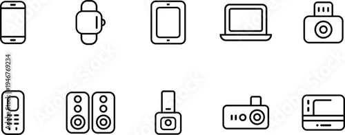Collection of flat outline icons representing modern electronic devices and gadgets for technology concepts