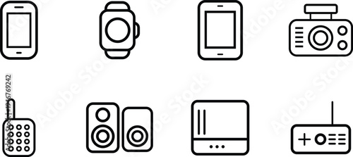 Collection of modern electronic device icons including smartphones smartwatch camera speakers and game controller