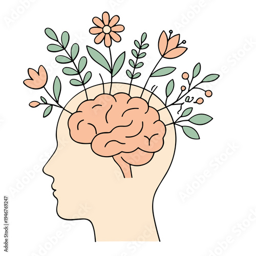 A person's head with a brain and flowers growing out of it