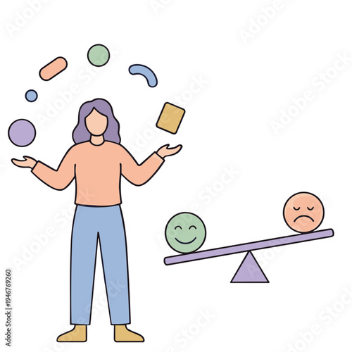 A woman juggles various shapes while balancing a smiling and frowning face on a seesaw.