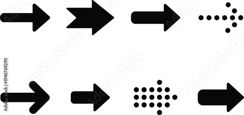 Collection of eight diverse black directional arrow icons pointing to the right isolated on white