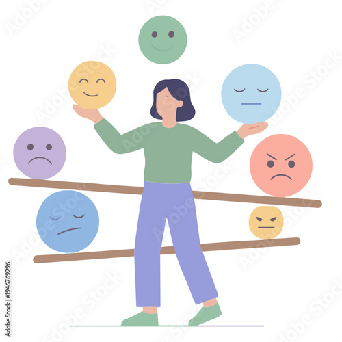 A woman juggles various colorful emotive faces on a balancing act with sticks.