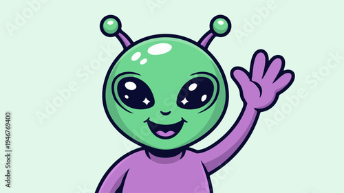 A cheerful cartoon vector illustration of a smiling green alien with purple arms and antennae waving on a light green background with a friendly expression and vibrant colors