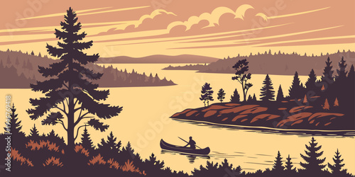 USA, US, U.S, United States - Voyageurs National Park Lake Islands Sunset Panorama | Canoe Wilderness Scenic Water Landscape Wall Art Poster | Minnesota USA Nature Print