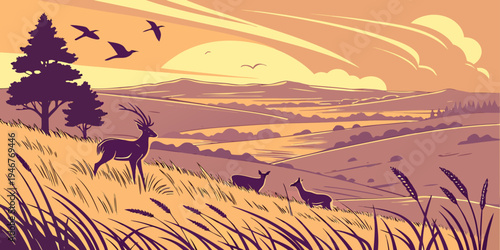 USA, US, U.S, United States - Wind Cave National Park Prairie Grassland Sunset Panorama | Wildlife Scenic Plains Landscape Wall Art Poster | South Dakota USA Nature Print