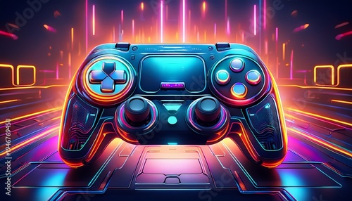 cyberpunk playstation controller with neon lights in background