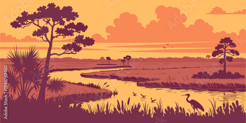 USA, US, U.S, United States - Everglades National Park Wetlands Sunset Panorama | Wildlife Marsh Scenic Landscape Wall Art Poster | Florida Nature USA Print