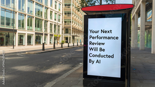 London bus stop digital billboard displaying a message about AI conducting performance reviews