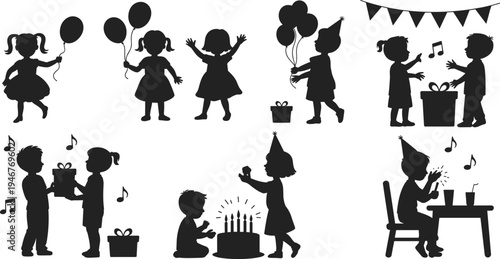 Kids birthday party silhouettes children celebration balloons cake gifts music happy childhood isolated black figures flat vector illustration set